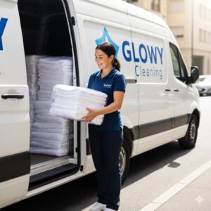 A woman is loading white towels into a van, preparing for laundry tasks at an Airbnb property.