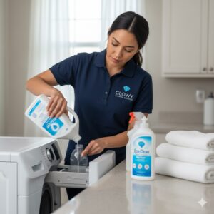 A woman in a blue shirt operates a washing machine, managing laundry in an Airbnb setting.