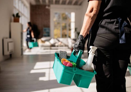 A woman carrying two green baskets filled with cleaning supplies, representing a maid service in action.