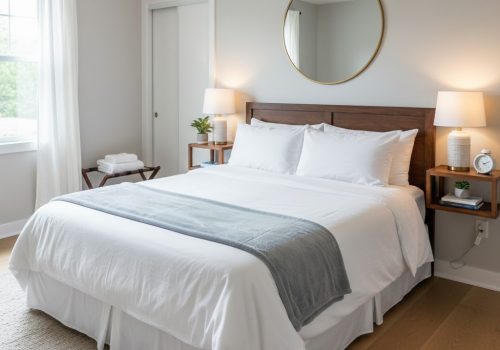 A cozy bedroom featuring a white bed and a round mirror, ideal for relaxing during your Airbnb stay.